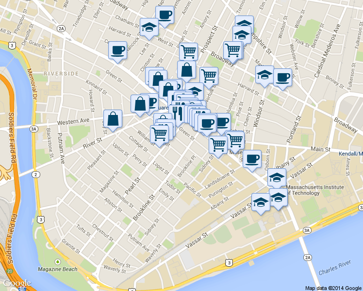 map of restaurants, bars, coffee shops, grocery stores, and more near 172 Franklin Street in Cambridge