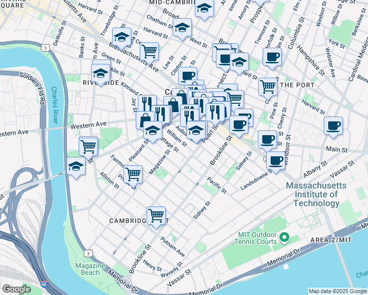 map of restaurants, bars, coffee shops, grocery stores, and more near 21 Cottage Street in Cambridge