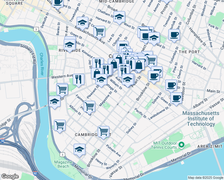 map of restaurants, bars, coffee shops, grocery stores, and more near 17 Pleasant Place in Cambridge