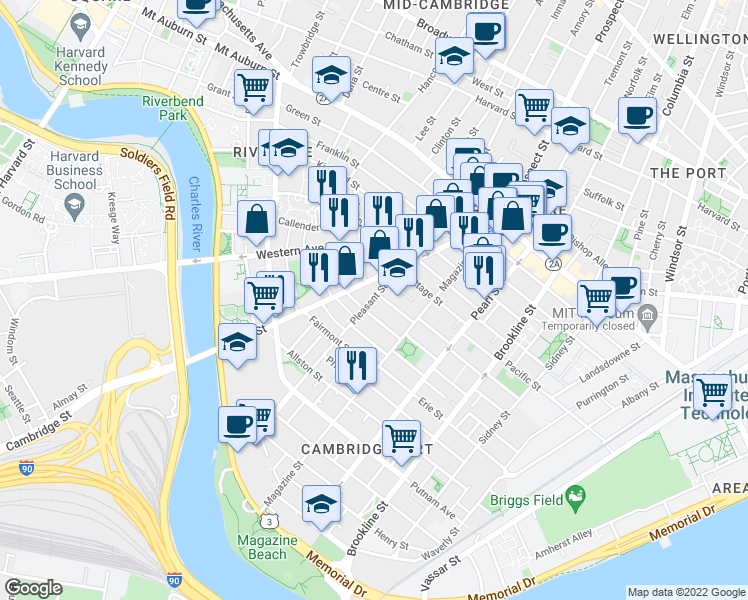 map of restaurants, bars, coffee shops, grocery stores, and more near 30 Upton Street in Cambridge