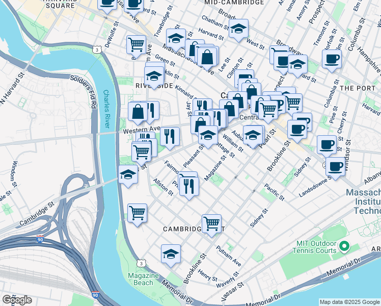 map of restaurants, bars, coffee shops, grocery stores, and more near 17 Laurel Street in Cambridge