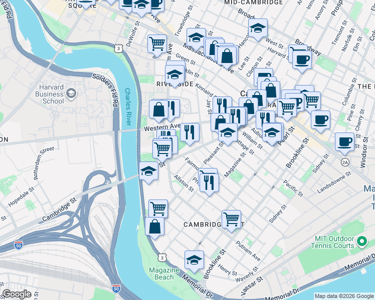 map of restaurants, bars, coffee shops, grocery stores, and more near 241 River Street in Cambridge
