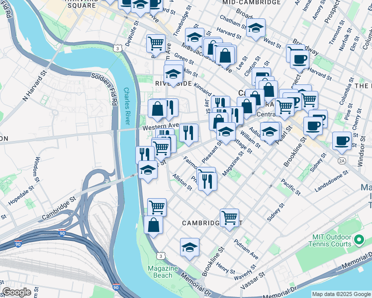 map of restaurants, bars, coffee shops, grocery stores, and more near 241 River Street in Cambridge