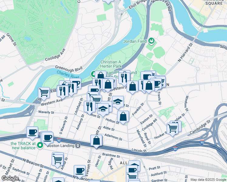 map of restaurants, bars, coffee shops, grocery stores, and more near 287 Western Avenue in Boston