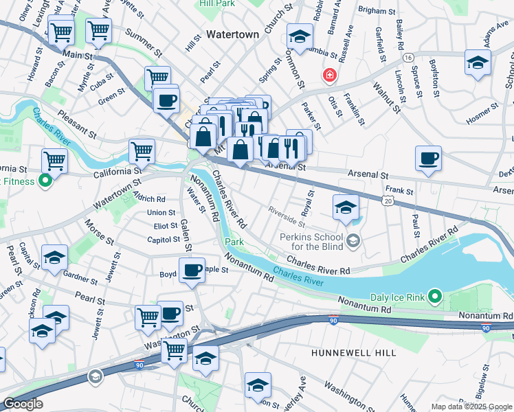map of restaurants, bars, coffee shops, grocery stores, and more near 74 Riverside Street in Watertown