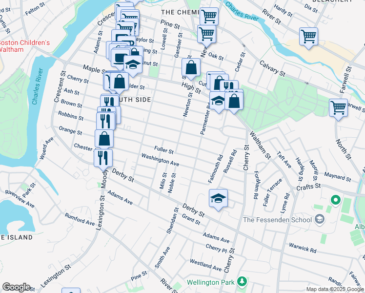 map of restaurants, bars, coffee shops, grocery stores, and more near 249 Robbins Street in Waltham