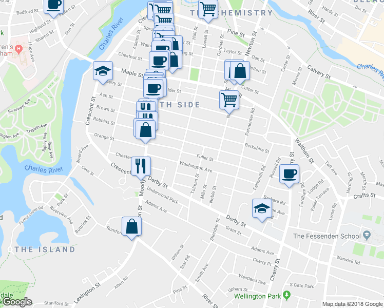 map of restaurants, bars, coffee shops, grocery stores, and more near 20 Fuller Street in Waltham
