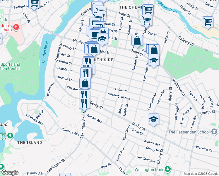 map of restaurants, bars, coffee shops, grocery stores, and more near 20 Fuller Street in Waltham