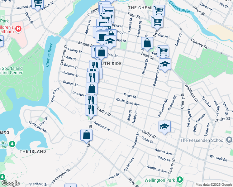 map of restaurants, bars, coffee shops, grocery stores, and more near 55 Wadsworth Avenue in Waltham