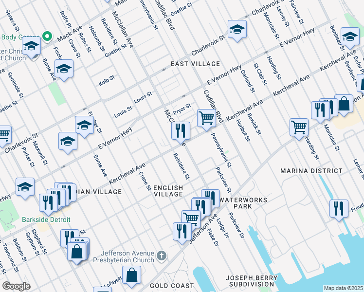 map of restaurants, bars, coffee shops, grocery stores, and more near 1937 McClellan Avenue in Detroit