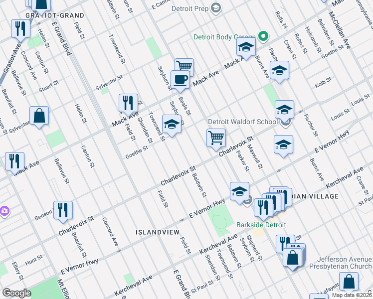map of restaurants, bars, coffee shops, grocery stores, and more near 3010 Baldwin Street in Detroit