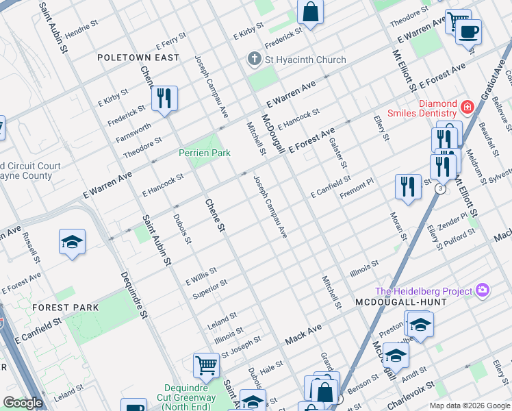 map of restaurants, bars, coffee shops, grocery stores, and more near 4437 Joseph Campau Avenue in Detroit