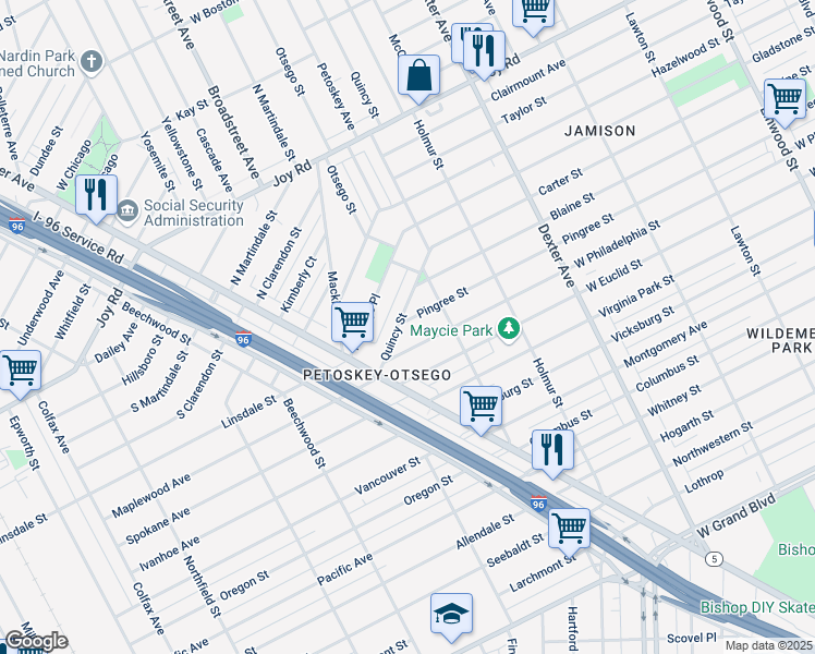 map of restaurants, bars, coffee shops, grocery stores, and more near 4357 Pingree Street in Detroit