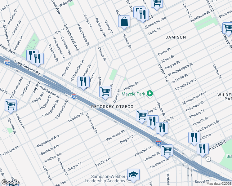map of restaurants, bars, coffee shops, grocery stores, and more near 8561 Quincy Street in Detroit