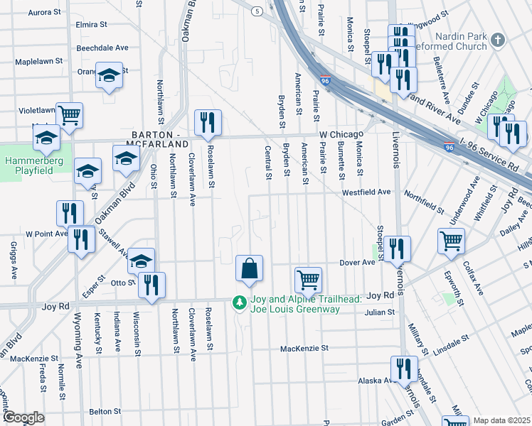 map of restaurants, bars, coffee shops, grocery stores, and more near 9161 Central Avenue in Detroit