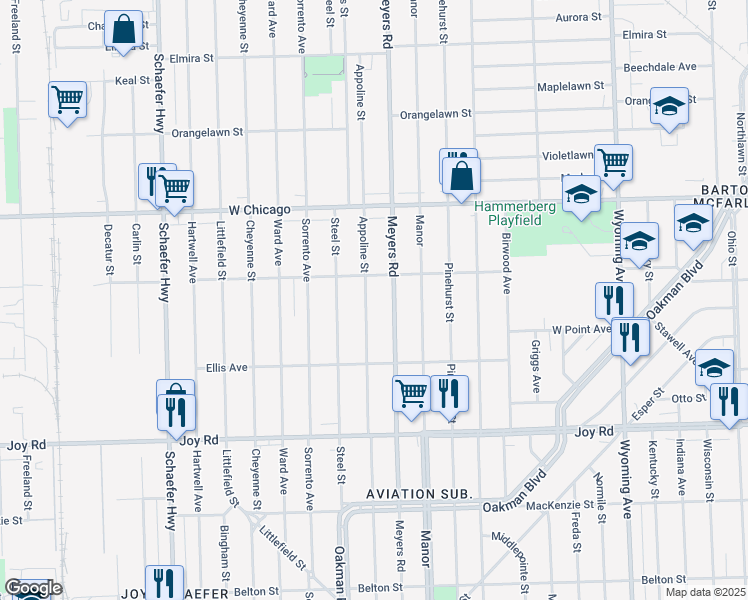 map of restaurants, bars, coffee shops, grocery stores, and more near 9240 Appoline Street in Detroit