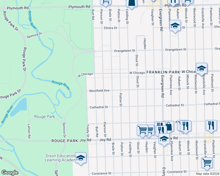 map of restaurants, bars, coffee shops, grocery stores, and more near 9320 Pierson Street in Detroit