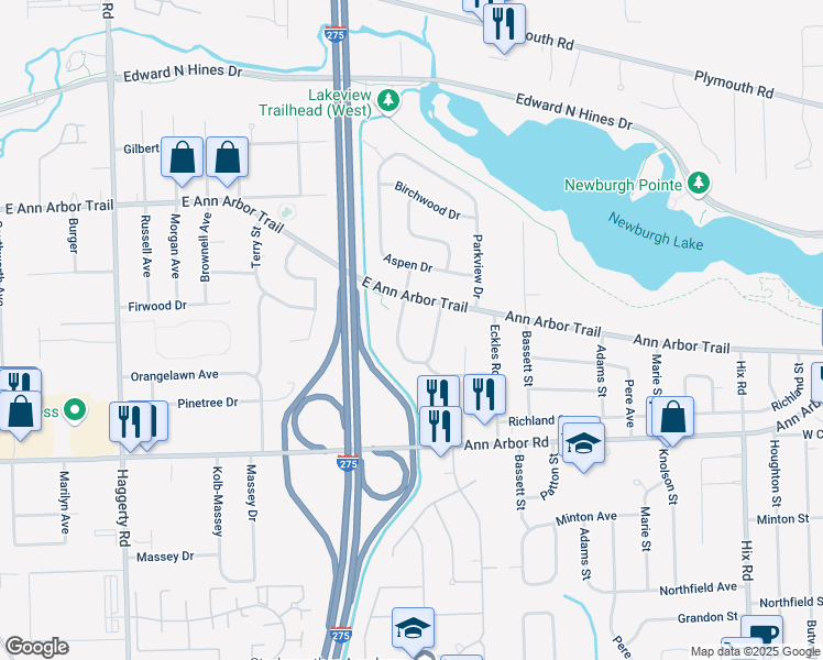 map of restaurants, bars, coffee shops, grocery stores, and more near 10075 Wolfriver Drive in Plymouth