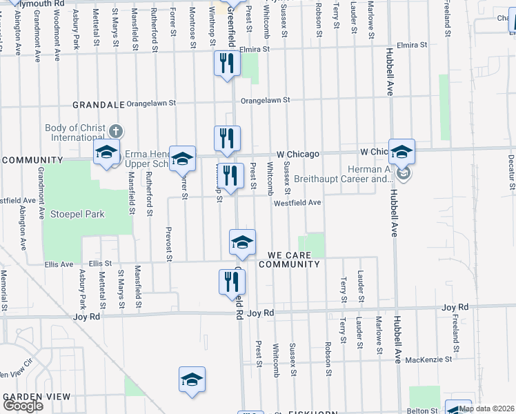map of restaurants, bars, coffee shops, grocery stores, and more near 9212 Prest Street in Detroit