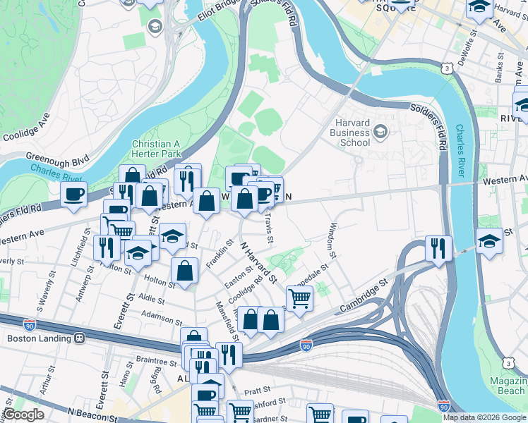 map of restaurants, bars, coffee shops, grocery stores, and more near 170 Western Avenue in Boston