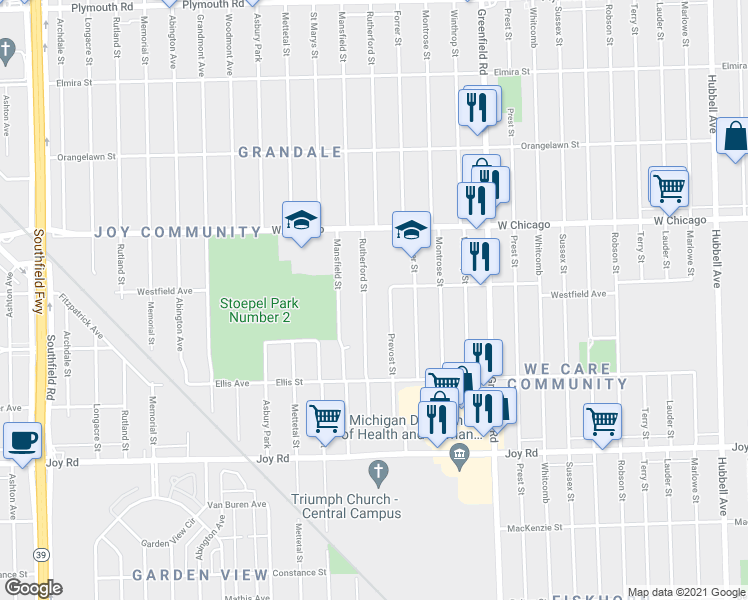 map of restaurants, bars, coffee shops, grocery stores, and more near 9224 Rutherford Street in Detroit