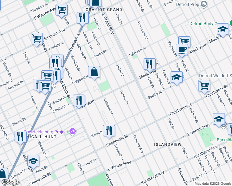 map of restaurants, bars, coffee shops, grocery stores, and more near 6804 Mack Avenue in Detroit