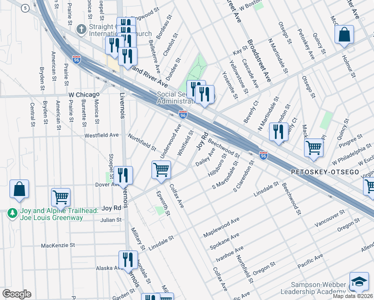 map of restaurants, bars, coffee shops, grocery stores, and more near 5085 Whitfield Street in Detroit