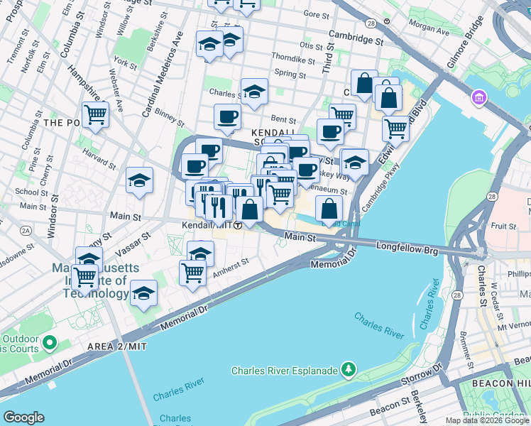 map of restaurants, bars, coffee shops, grocery stores, and more near 77 Massachusetts Avenue in Cambridge