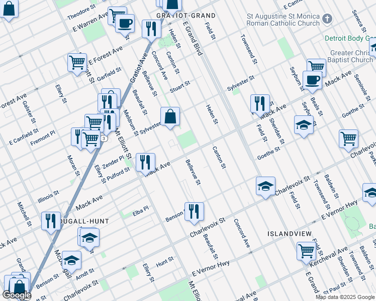 map of restaurants, bars, coffee shops, grocery stores, and more near 6609 Mack Avenue in Detroit