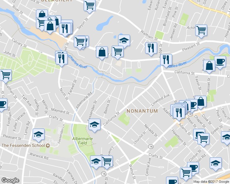 map of restaurants, bars, coffee shops, grocery stores, and more near 86 Bemis Street in Newton