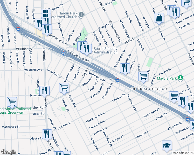 map of restaurants, bars, coffee shops, grocery stores, and more near 5000 Hillsboro Street in Detroit
