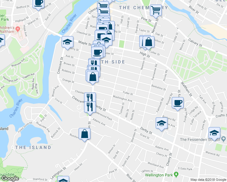 map of restaurants, bars, coffee shops, grocery stores, and more near 214 Lowell Street in Waltham