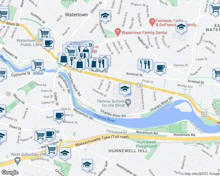 map of restaurants, bars, coffee shops, grocery stores, and more near 26 Royal Street in Watertown