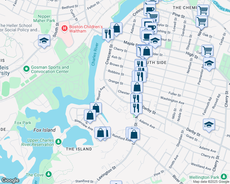 map of restaurants, bars, coffee shops, grocery stores, and more near 334 Crescent Street in Waltham