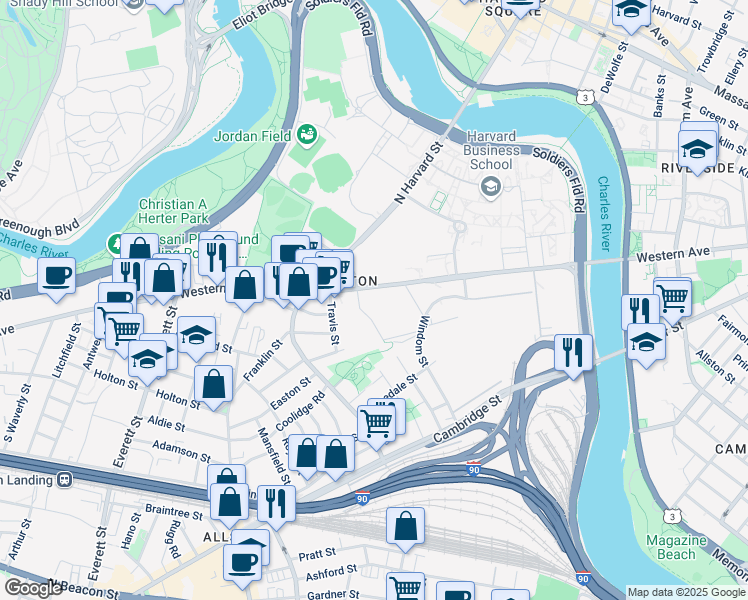 map of restaurants, bars, coffee shops, grocery stores, and more near 146 Western Avenue in Boston