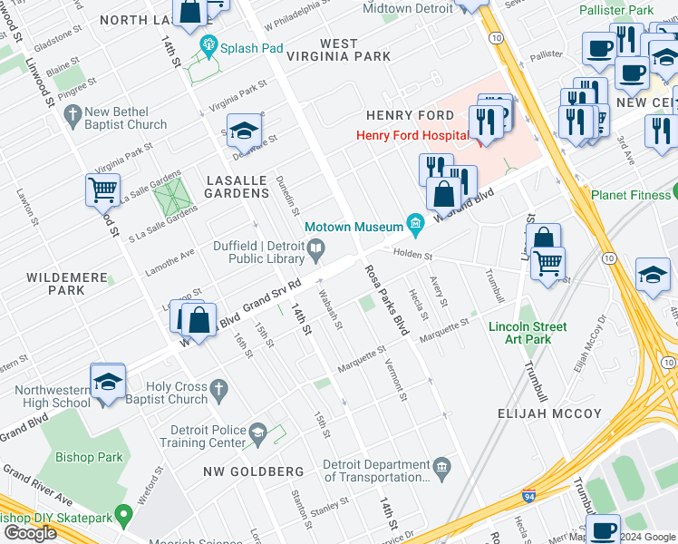 map of restaurants, bars, coffee shops, grocery stores, and more near 2550 Grand Srv Road in Detroit