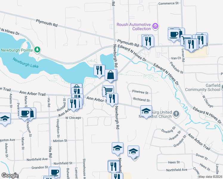 map of restaurants, bars, coffee shops, grocery stores, and more near 9811 Newburgh Rd in Livonia