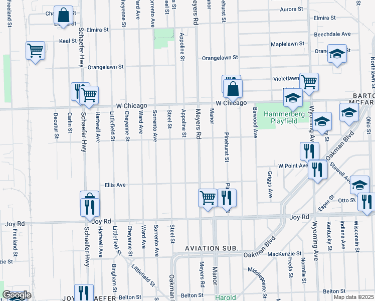 map of restaurants, bars, coffee shops, grocery stores, and more near 9240 Appoline Street in Detroit
