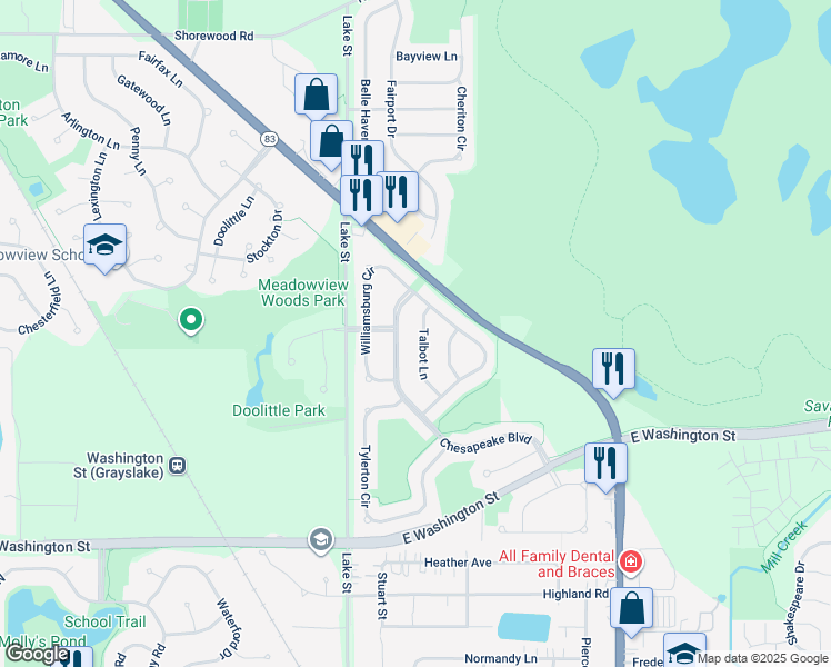 map of restaurants, bars, coffee shops, grocery stores, and more near 1092 Talbot Lane in Grayslake