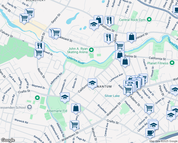map of restaurants, bars, coffee shops, grocery stores, and more near 21 Thaxter Road in Newton