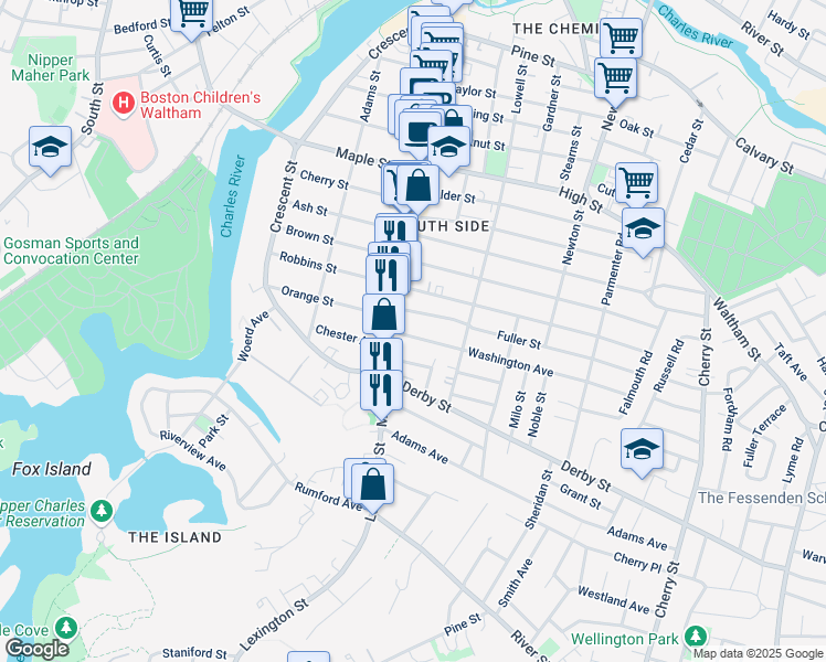 map of restaurants, bars, coffee shops, grocery stores, and more near 16 Washington Avenue in Waltham