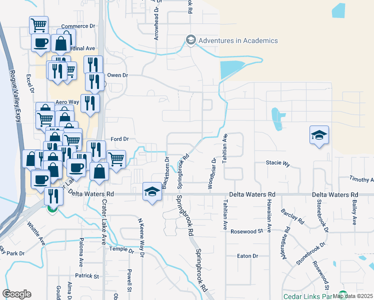 map of restaurants, bars, coffee shops, grocery stores, and more near 3185 Springbrook Rd in Medford