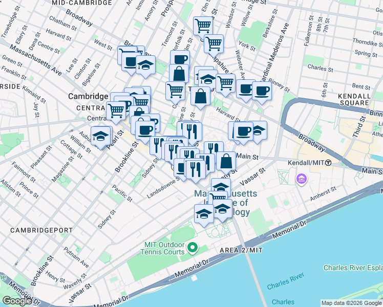 map of restaurants, bars, coffee shops, grocery stores, and more near 784 Main Street in Cambridge