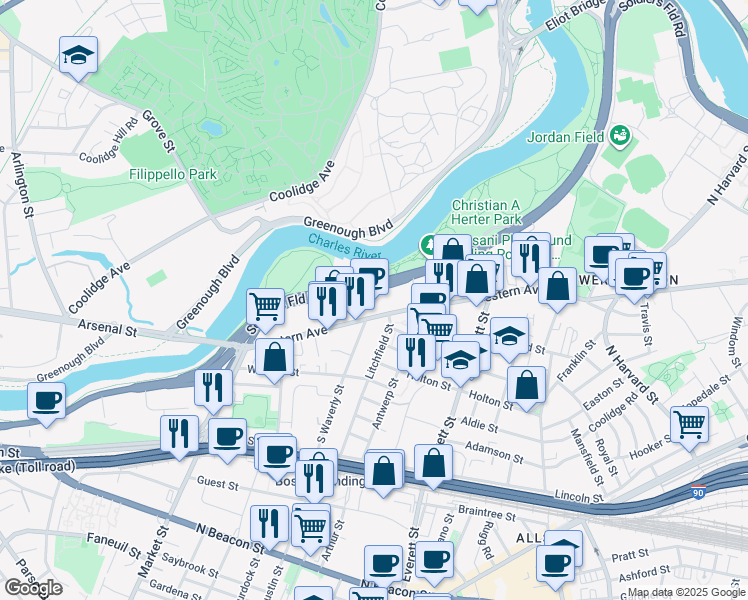 map of restaurants, bars, coffee shops, grocery stores, and more near 1300 Soldiers Field Road in Boston
