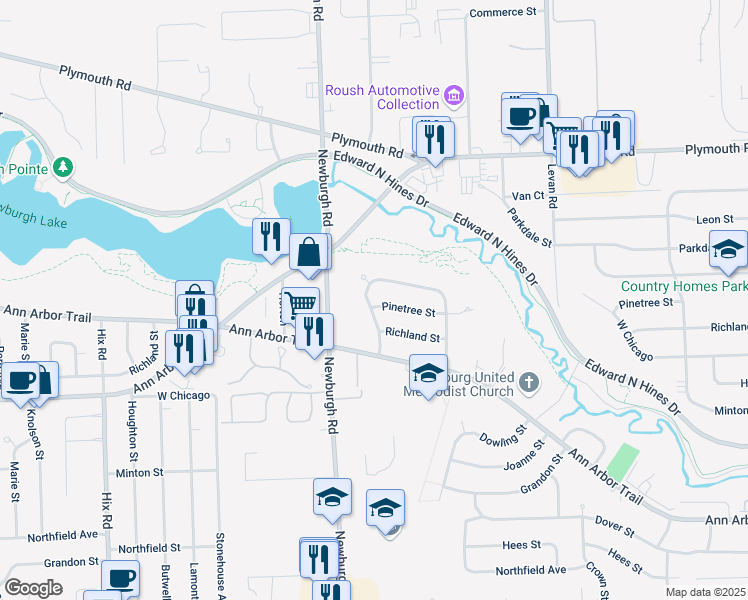 map of restaurants, bars, coffee shops, grocery stores, and more near 36811 Angeline Circle in Livonia