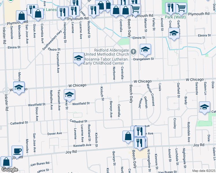 map of restaurants, bars, coffee shops, grocery stores, and more near 9355 Kimland Ct in Redford Charter Township