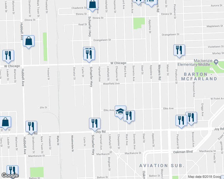 map of restaurants, bars, coffee shops, grocery stores, and more near 9250 Littlefield Street in Detroit