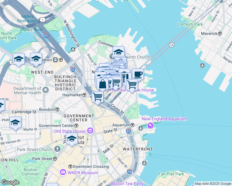 map of restaurants, bars, coffee shops, grocery stores, and more near 23 Richmond Street in Boston