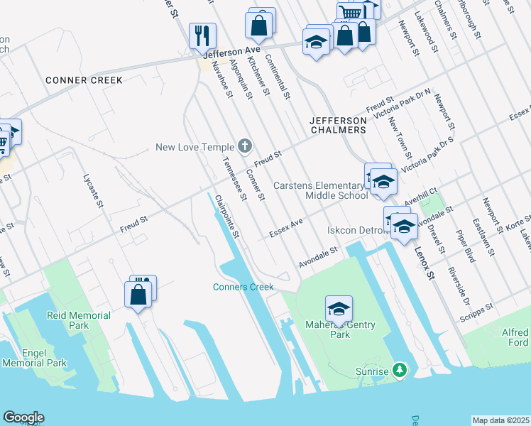 map of restaurants, bars, coffee shops, grocery stores, and more near 567 Conner Street in Detroit