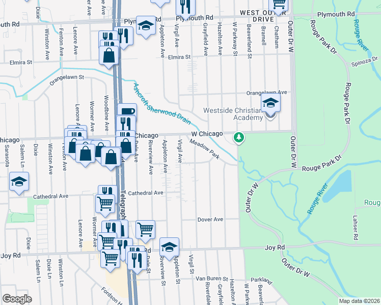 map of restaurants, bars, coffee shops, grocery stores, and more near 9345 Riverdale in Redford Charter Township